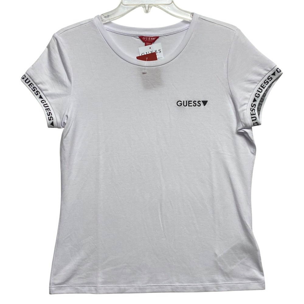 Guess Womens Logo Tape Sleeve Crewneck T-Shirt White Cotton Tee M‎ NWT - Picture 3 of 6